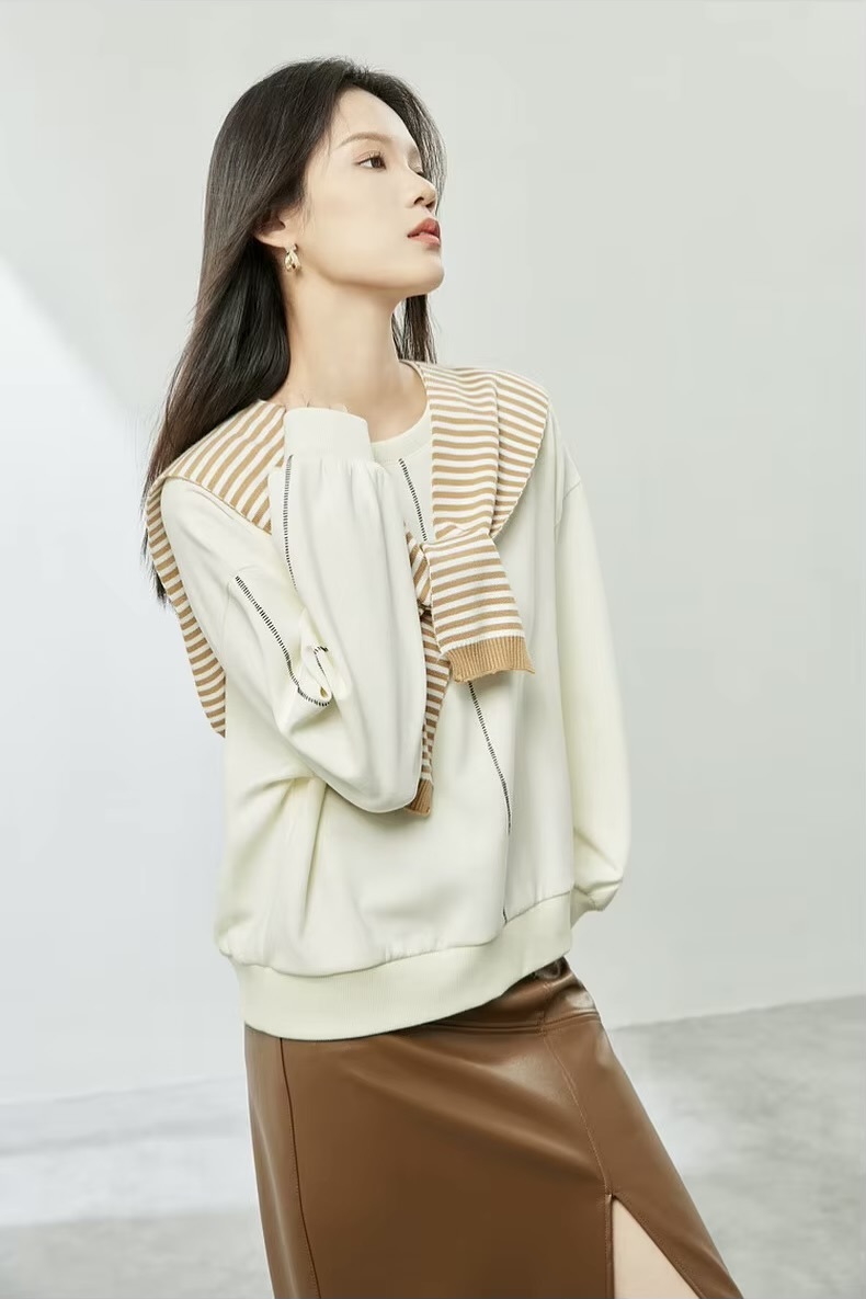 Cotton Line Crewneck Sweatshirt   Women’s Spring bright lined decoration loose casual round O-neck long sleeves banded pullovers for woman in apricot white Womens crew neck ribbed hem plus size sweatshirts #141A53788