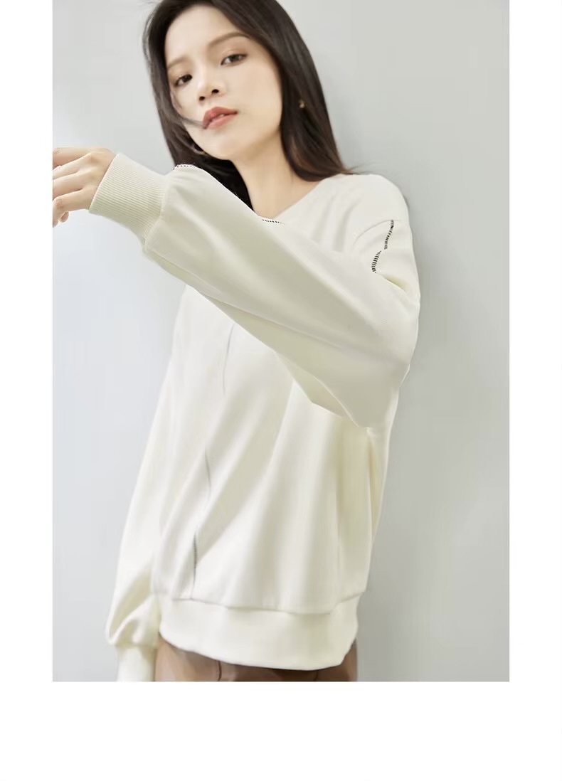 Cotton Line Crewneck Sweatshirt   Women’s Spring bright lined decoration loose casual round O-neck long sleeves banded pullovers for woman in white Womens crew neck plus size sweatshirts #141A53788