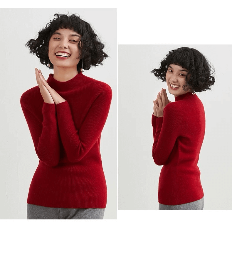 Mockneck Cashmere Rib Sweater Women’s Autumn and Winter 100%-Cashmere Semi-High Neck Seamless plus size womens Female Slim Pullover Long Sleeve Warm Cashmere-Knit Ribbed Turtleneck Sweaters Workwear Tops for Woman in Burgundy wine red