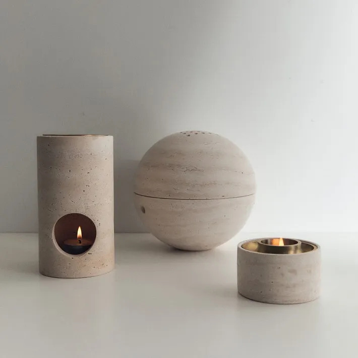 Turkish Beige Travertine Stone Cylinder Essential Oil Burner Diffusers Aromatherapy accessory in khaki color Home decor yoga accessories 