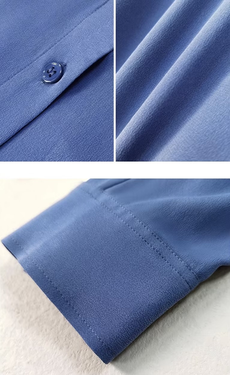 Women&rsquo;s woman womens petite-, plus-, size Solid Shirts, 100% Silk Crepe, Long Sleeves, Chest Pocket Chic Blue Blouses, Spring Summer wfh Office commute workwear Lady Tops
