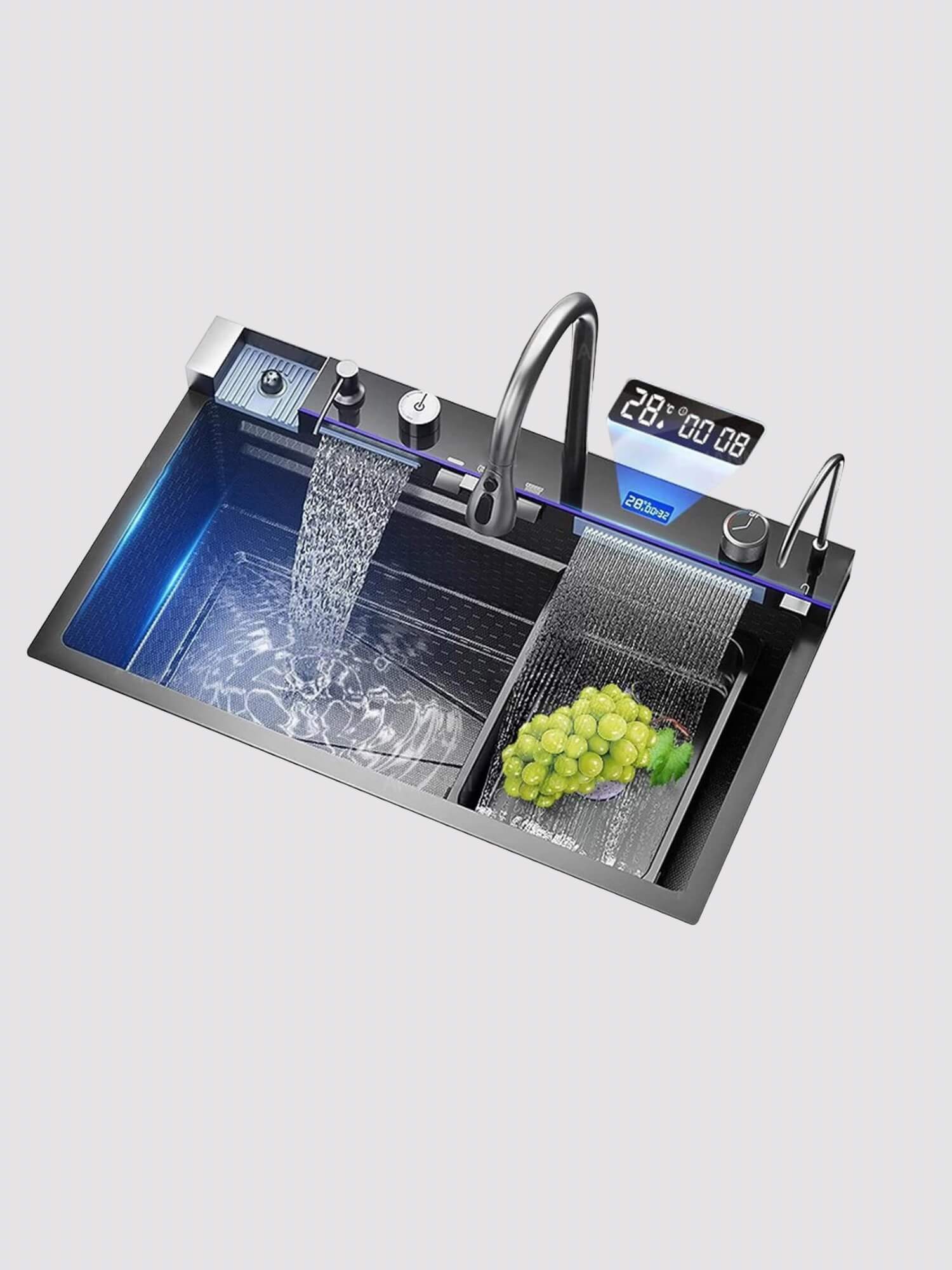 Waterfall Kitchen Sink  304 stainless steel large single slot integrated digital display faucet set soap dispenser cup washer sinks in black