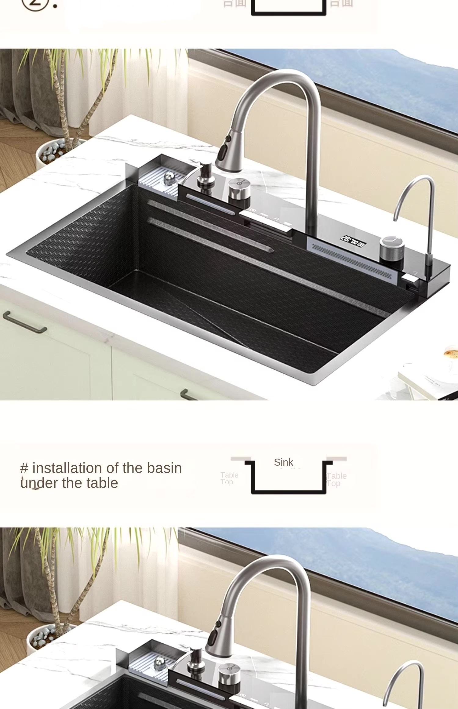 Waterfall Kitchen Sink  304 stainless steel large single slot integrated digital display faucet set soap dispenser cup washer sinks in black