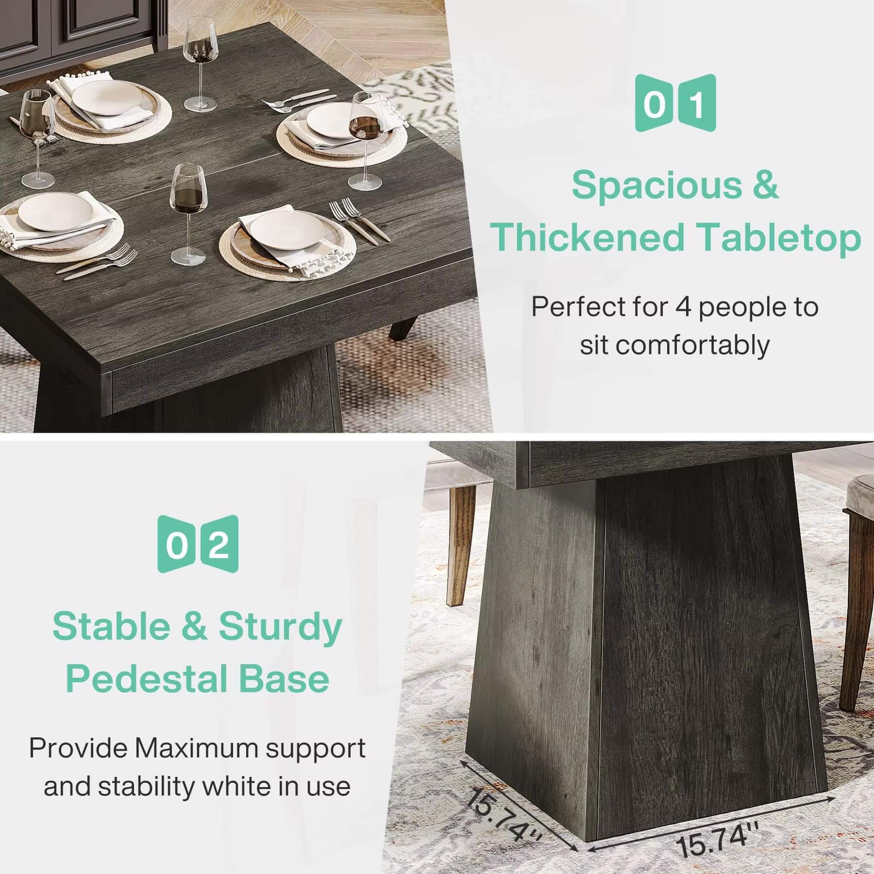 Square Dining Table for 4, 31.5-Inch Kitchen Table Small Dinner Table with Sturdy Pedestal Base, Farmhouse Dining Room furniture tables in charcoal black