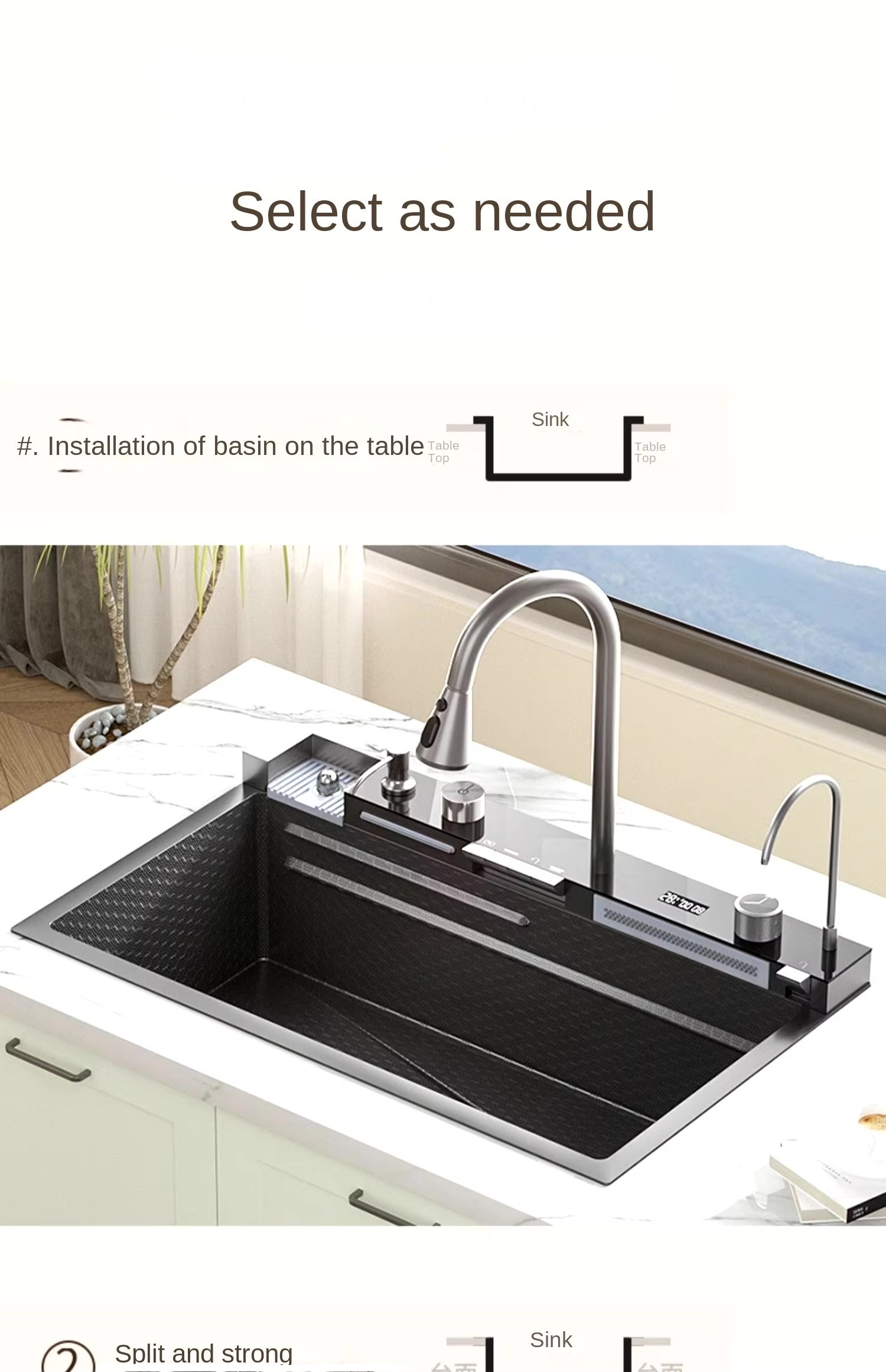 Waterfall Kitchen Sink  304 stainless steel large single slot integrated digital display faucet set soap dispenser cup washer sinks in black