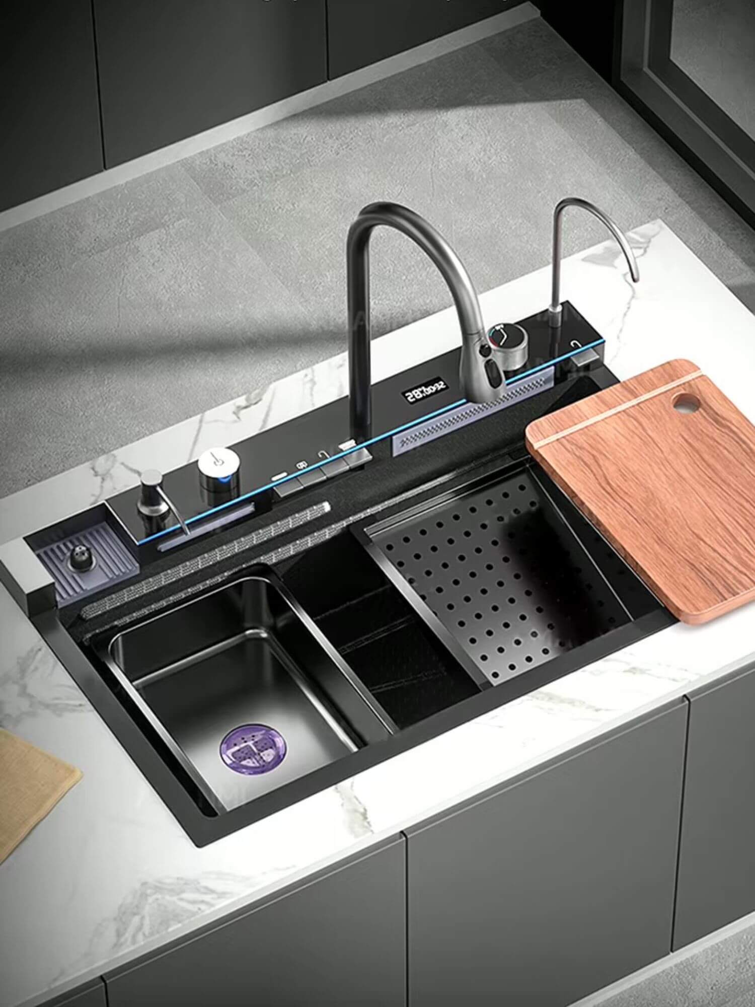 Waterfall Kitchen Sink  304 stainless steel large single slot integrated digital display faucet set soap dispenser cup washer sinks