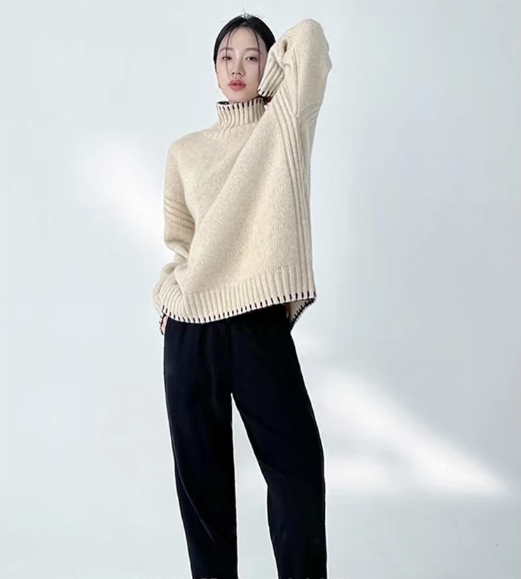 Merino Wool Mockneck Sweater Women's Winter 100% Australian Woolen Loose and Lazy Style Fashion High Neck Thickened Knitted womens Rib Pullovers Handsewn Khaki Ribbed Turtleneck Sweaters for woman in Ivory Khaki