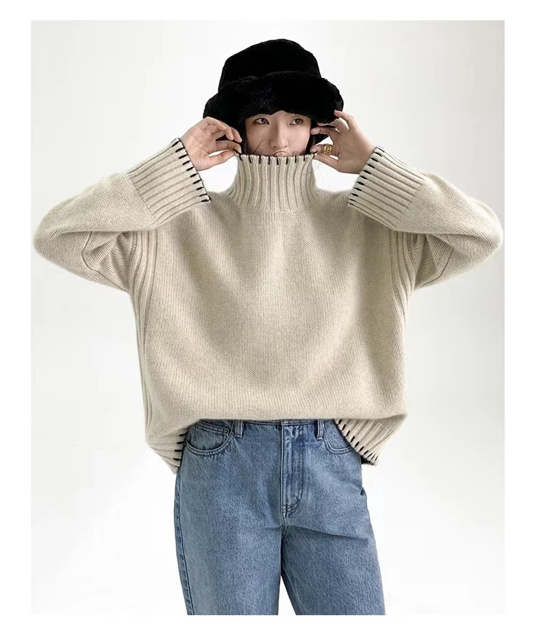 Merino Wool Mockneck Sweater Women's Winter 100% Australian Woolen Loose and Lazy Style Fashion High Neck Thickened Knitted womens Rib Pullovers Handsewn Khaki Ribbed Turtleneck Sweaters for woman in Ivory Khaki