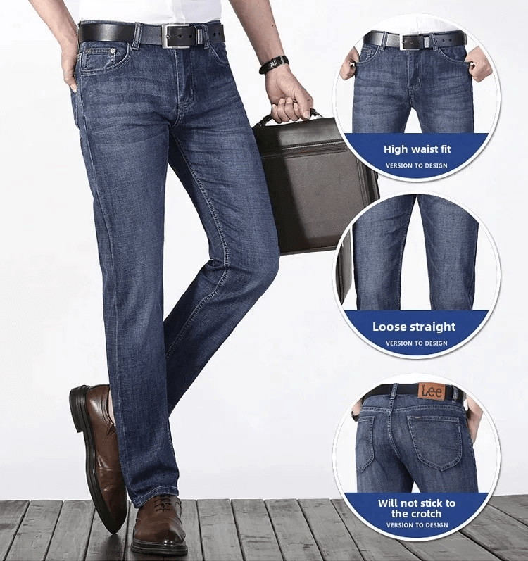 Men's Man mens Lee Dex Straight-leg Loose-fit high-rise waist Spring Summer Thin Elastic Business Casual High-end Denim Jeans Trousers in 864 Blue, 8810 Distressed blue, 865 Dark blue styles