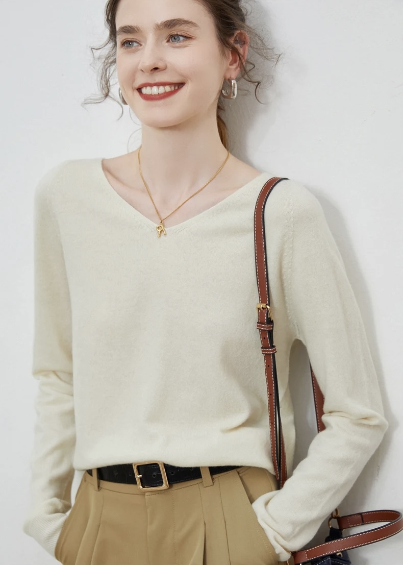 V-Neck Sweater 100% Wool   Woman's Autumn Winter Female plus size womens workwear Pullovers Long Sleeve classic ribbed band Jumper Knit Tops Clothing Sweaters for woman in Khaki Cream beige