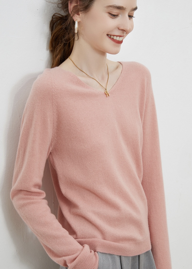 V-Neck Sweater 100% Wool   Woman's Autumn Winter Female plus size womens workwear Pullovers Long Sleeve classic ribbed band Jumper Knit Tops Clothing Sweaters for woman in Khaki Dusk pink