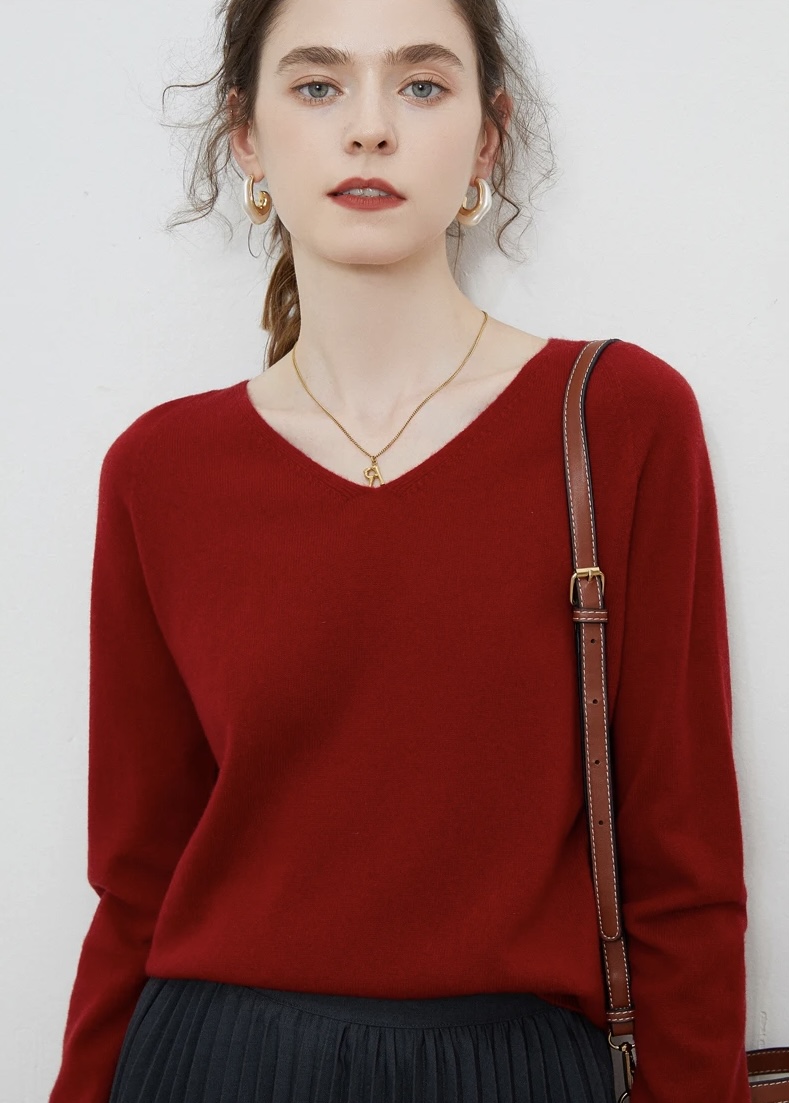 V-Neck Sweater 100% Wool   Woman's Autumn Winter Female plus size womens workwear Pullovers Long Sleeve classic ribbed band Jumper Knit Tops Clothing Sweaters for woman in Khaki Wine red