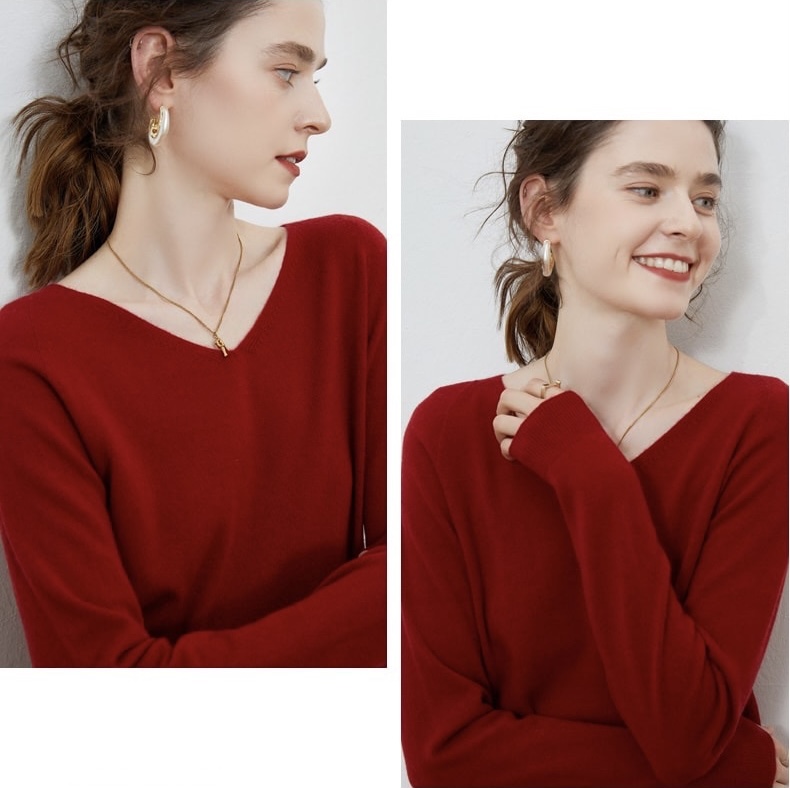 V-Neck Sweater 100% Wool   Woman's Autumn Winter Female plus size womens workwear Pullovers Long Sleeve classic ribbed band Jumper Knit Tops Clothing Sweaters for woman in Khaki Wine red