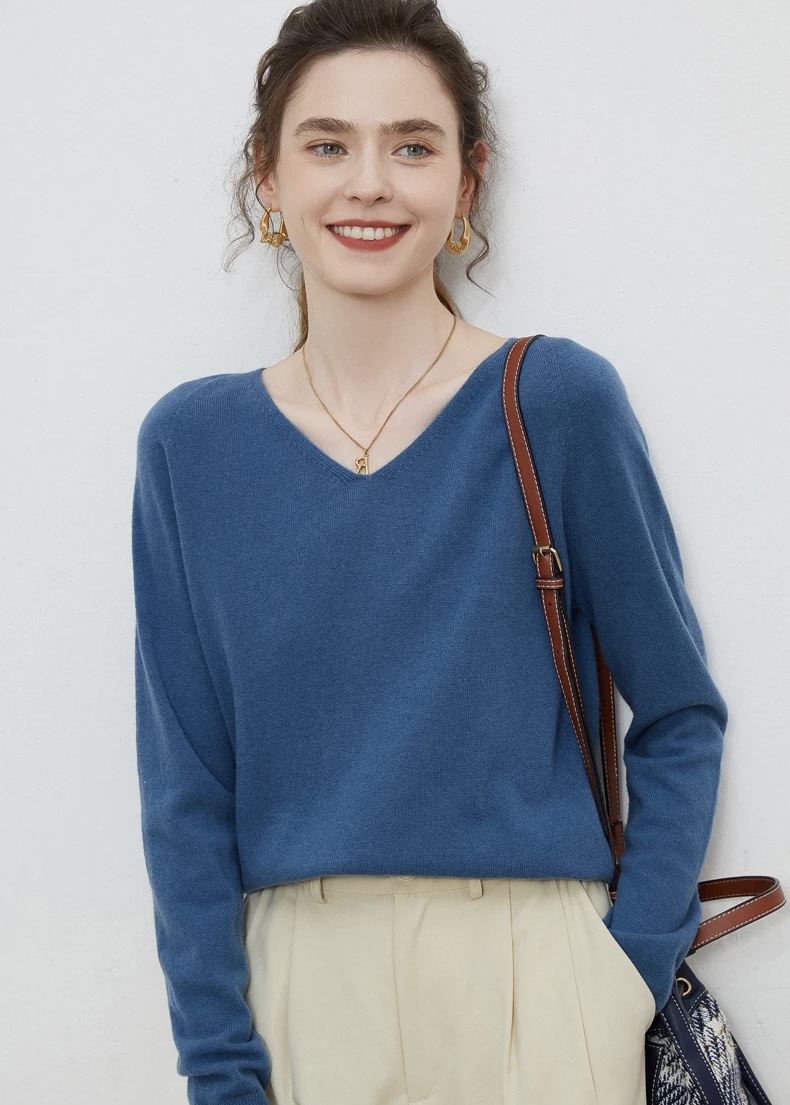 V-Neck Sweater 100% Wool   Woman's Autumn Winter Female plus size womens workwear Pullovers Long Sleeve classic ribbed band Jumper Knit Tops Clothing Sweaters for woman in Khaki Teal blue