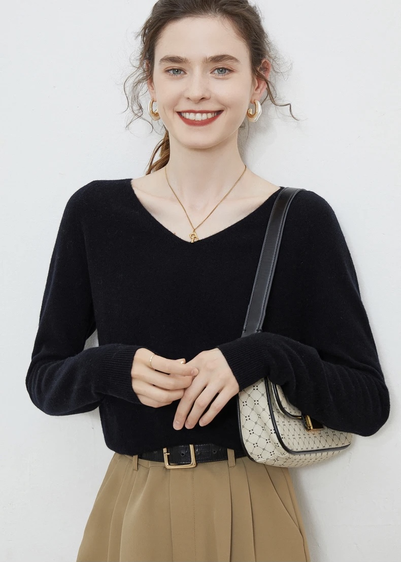 V-Neck Sweater 100% Wool   Woman's Autumn Winter Female plus size womens workwear Pullovers Long Sleeve classic ribbed band Jumper Knit Tops Clothing Sweaters for woman in Khaki black