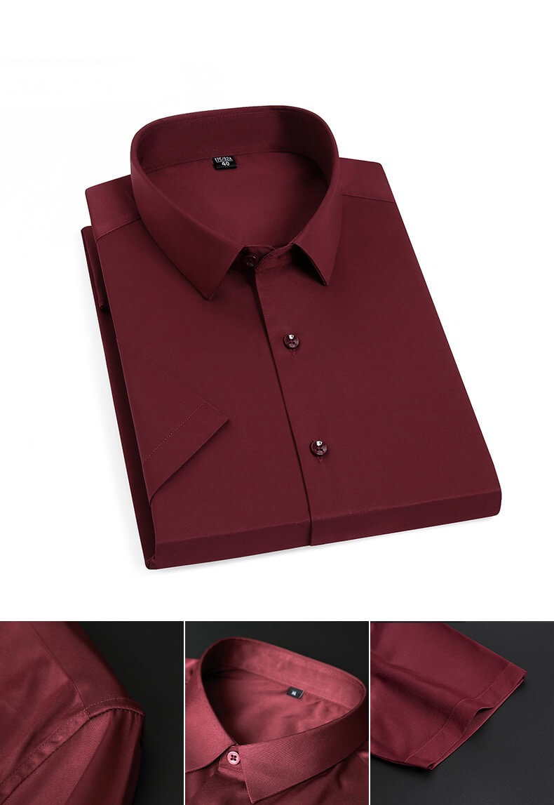 Short Sleeve Shirt Mens Summer Petite Oversized Plus Size Colorful Mens Korean Breathable Slim Fit Boys Office Wear Business Social Collar Workwear Shirts for Man in wine red