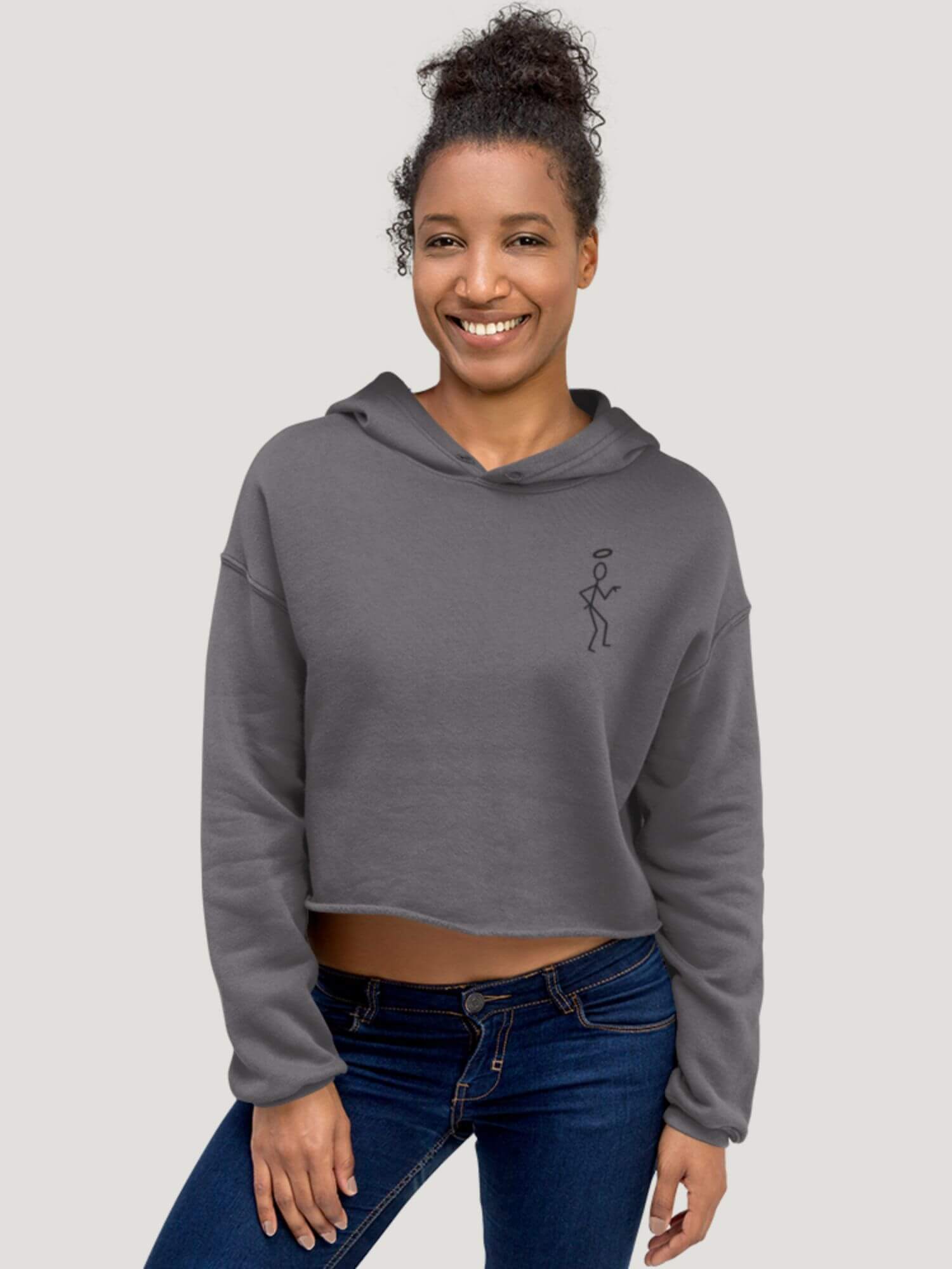 The Saint Cropped Hoodie    Women’s long sleeves hooded sweatshirts for tall plus size man woman  Roger Moore’s Simon Temp,at The Saint logo-branded in Gray with black ink design pattern fitness gym running sports womens fashion grey streetwear sportswear