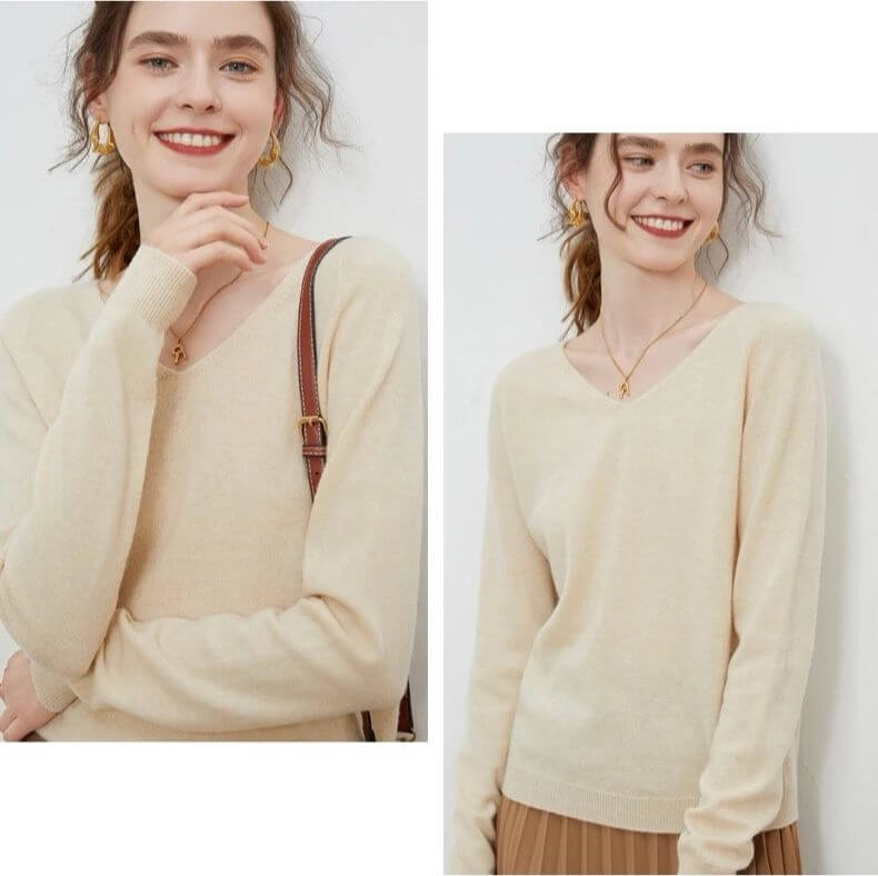 V-Neck Sweater 100% Wool   Woman's Autumn Winter Female plus size womens workwear Pullovers Long Sleeve classic ribbed band Jumper Knit Tops Clothing Sweaters for woman in Khaki Cream beige