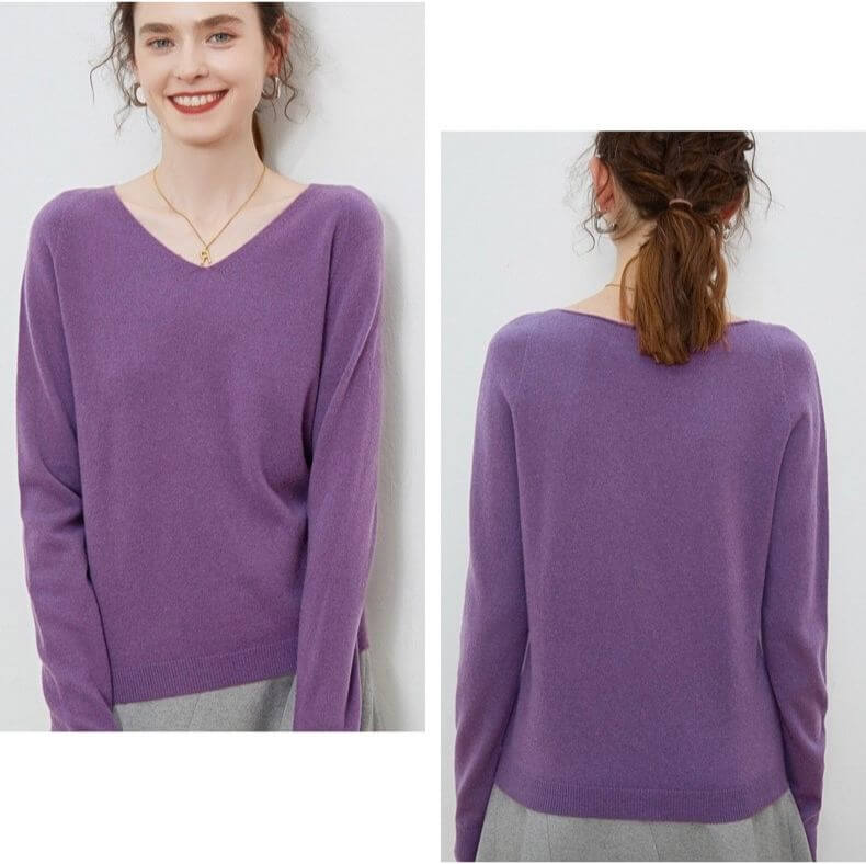 V-Neck Sweater 100% Wool   Woman's Autumn Winter Female plus size womens workwear Pullovers Long Sleeve classic ribbed band Jumper Knit Tops Clothing Sweaters for woman in Khaki Purple