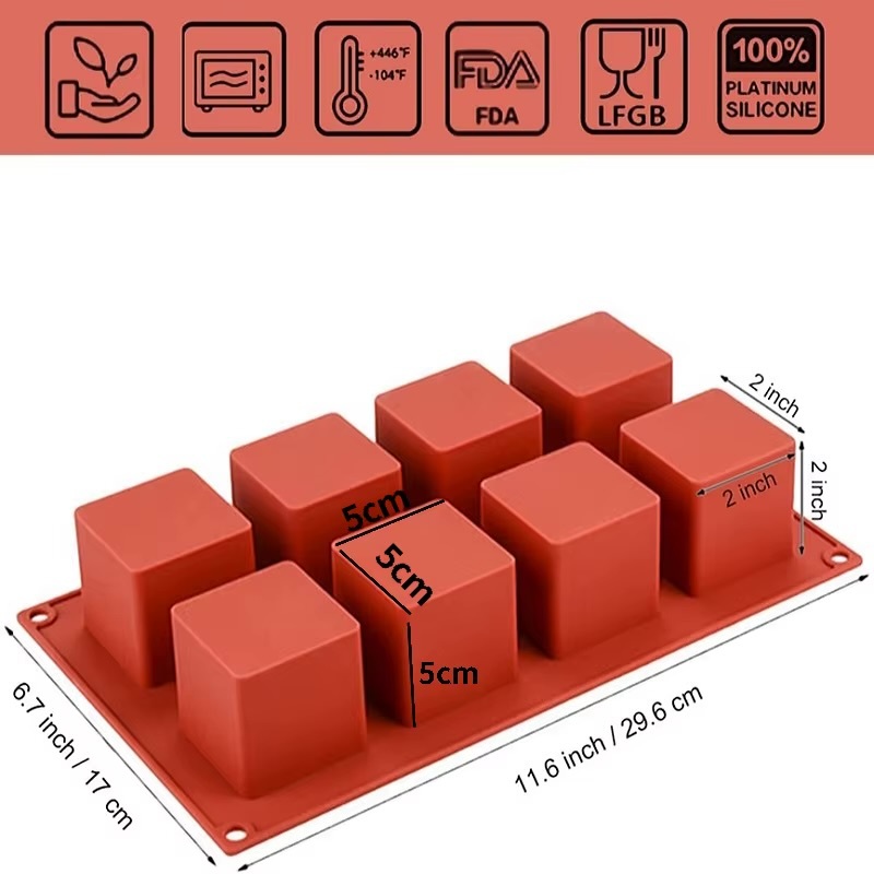 3D Silicone Mold 8-Cube   Kitchen bakeware small square shape 8 holes non-stick refrigerator freezer molds  Accessories for freezing DIY Pastry Jelly Cupcakes Mousse Ice Cream Chocolate Utensils accessory in red