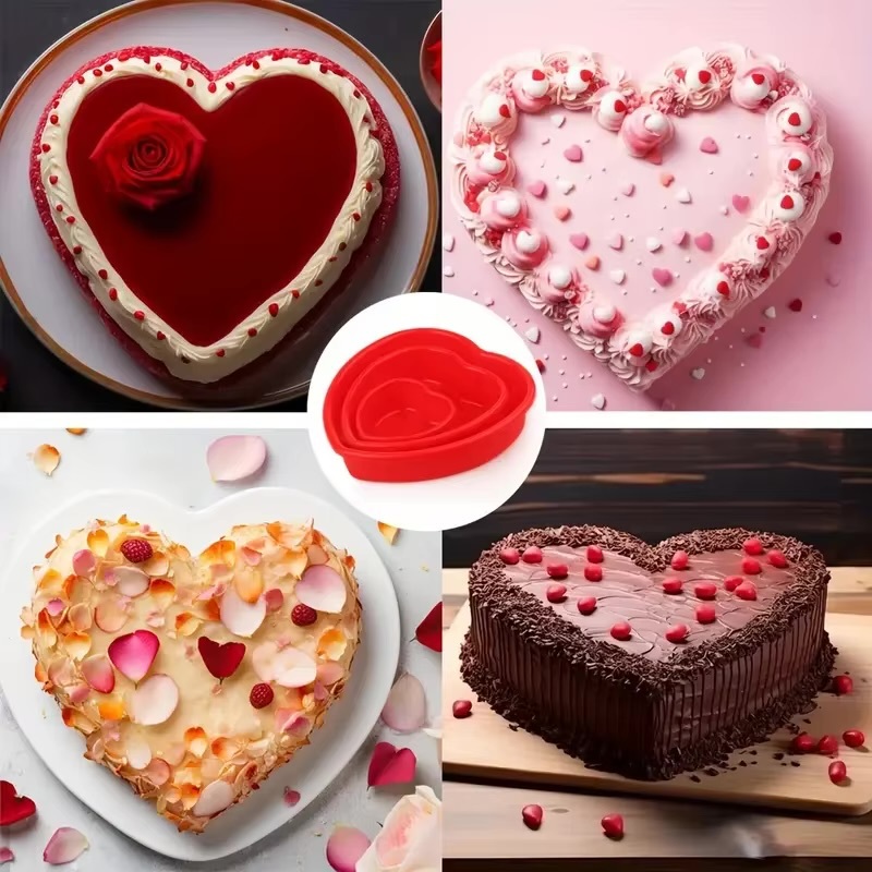 Heart Shaped Silicone Cake Pans 4/6/8″ In    Kitchen baking accessories mousse cakes Chocolate decoration molds Non-stick food grade material bakeware accessory in red