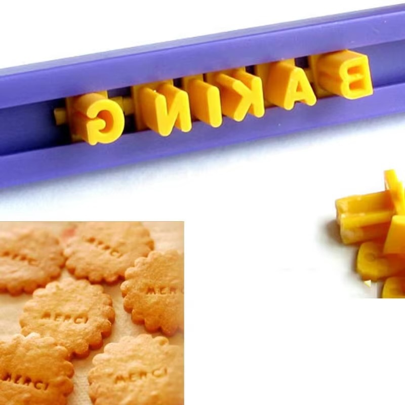 Biscuit Baking Printing Alphabet Mold      Kitchen cookies cutter Alphabet Word Press Stamp  Bake molds Cakes curling embossing biscuits cookie DIY bakeware tools in yellow lettering with blue rack