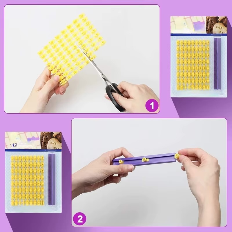 Biscuit Baking Printing Alphabet Mold      Kitchen cookies cutter Alphabet Word Press Stamp  Bake molds Cakes curling embossing biscuits cookie DIY bakeware tools in yellow lettering with blue rack