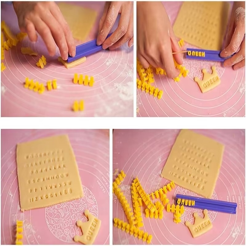 Biscuit Baking Printing Alphabet Mold      Kitchen cookies cutter Alphabet Word Press Stamp  Bake molds Cakes curling embossing biscuits cookie DIY bakeware tools in yellow lettering with blue rack