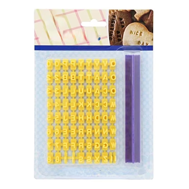 Biscuit Baking Printing Alphabet Mold      Kitchen cookies cutter Alphabet Word Press Stamp  Bake molds Cakes curling embossing biscuits cookie DIY bakeware tools in yellow lettering with blue rack