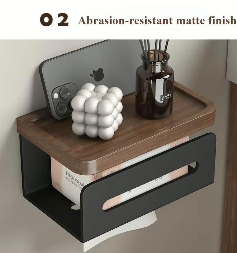 Walnut Paper Holder with Shelf,  Aluminum Wall Mounted, Kitchen, Bathroom, Toilet Paper Racks, Storage, Tissue Drawer Box, No Punch holders in black, white small and large sizes