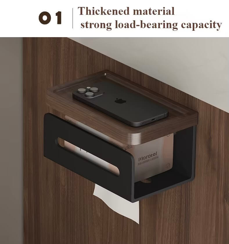 Walnut Paper Holder with Shelf,  Aluminum Wall Mounted, Kitchen, Bathroom, Toilet Paper Racks, Storage, Tissue Drawer Box, No Punch holders in black, white small and large sizes