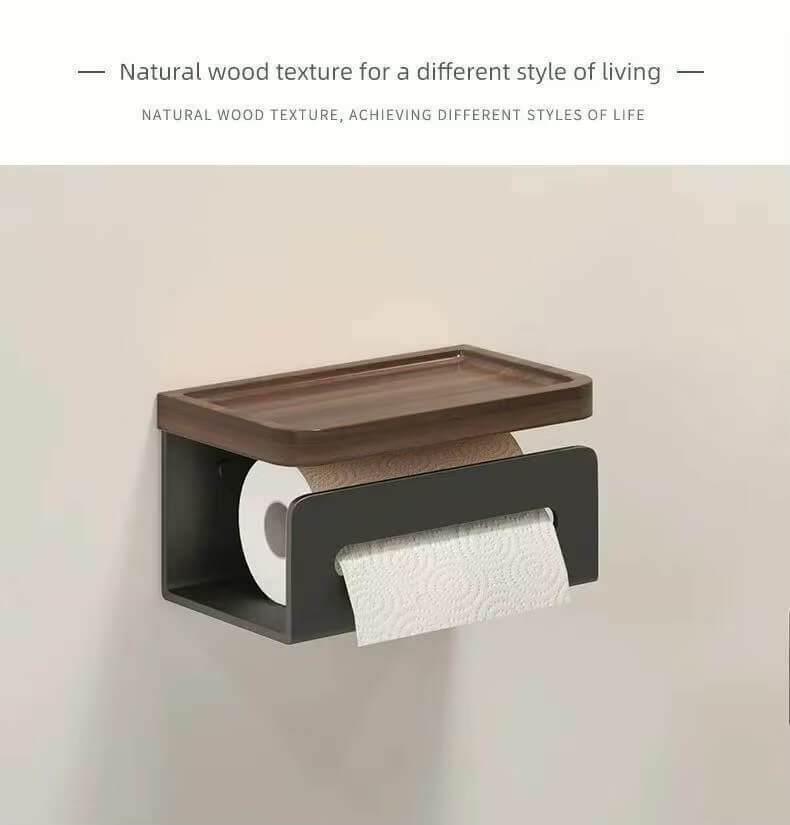 Walnut Paper Holder with Shelf,  Aluminum Wall Mounted, Kitchen, Bathroom, Toilet Paper Racks, Storage, Tissue Drawer Box, No Punch holders in black, white small and large sizes