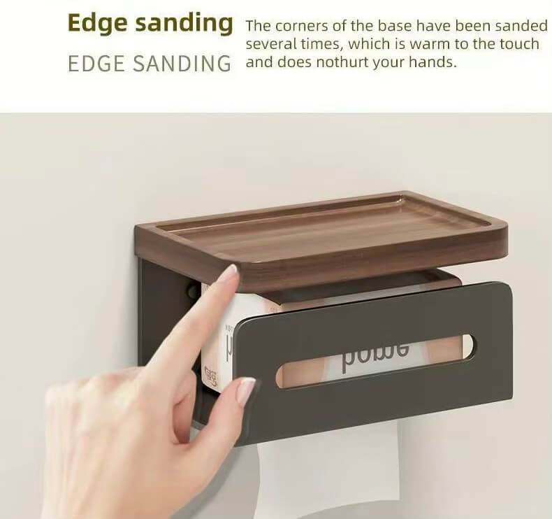 Walnut Paper Holder with Shelf,  Aluminum Wall Mounted, Kitchen, Bathroom, Toilet Paper Racks, Storage, Tissue Drawer Box, No Punch holders in black, white small and large sizes