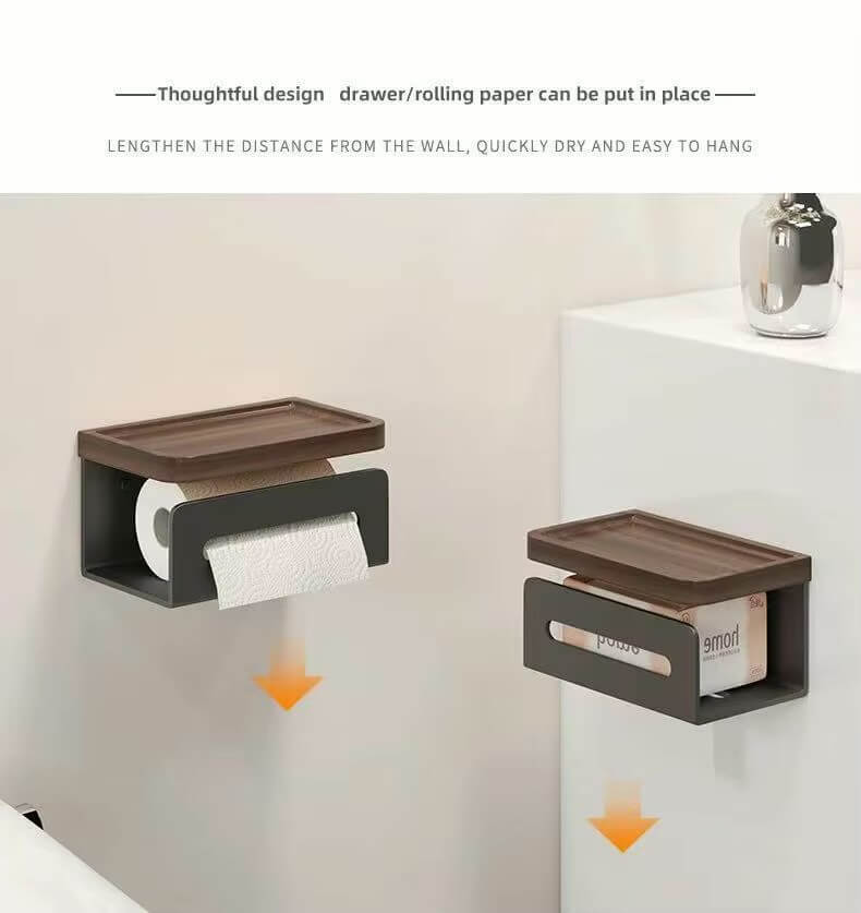 Walnut Paper Holder with Shelf,  Aluminum Wall Mounted, Kitchen, Bathroom, Toilet Paper Racks, Storage, Tissue Drawer Box, No Punch holders in black, white small and large sizes