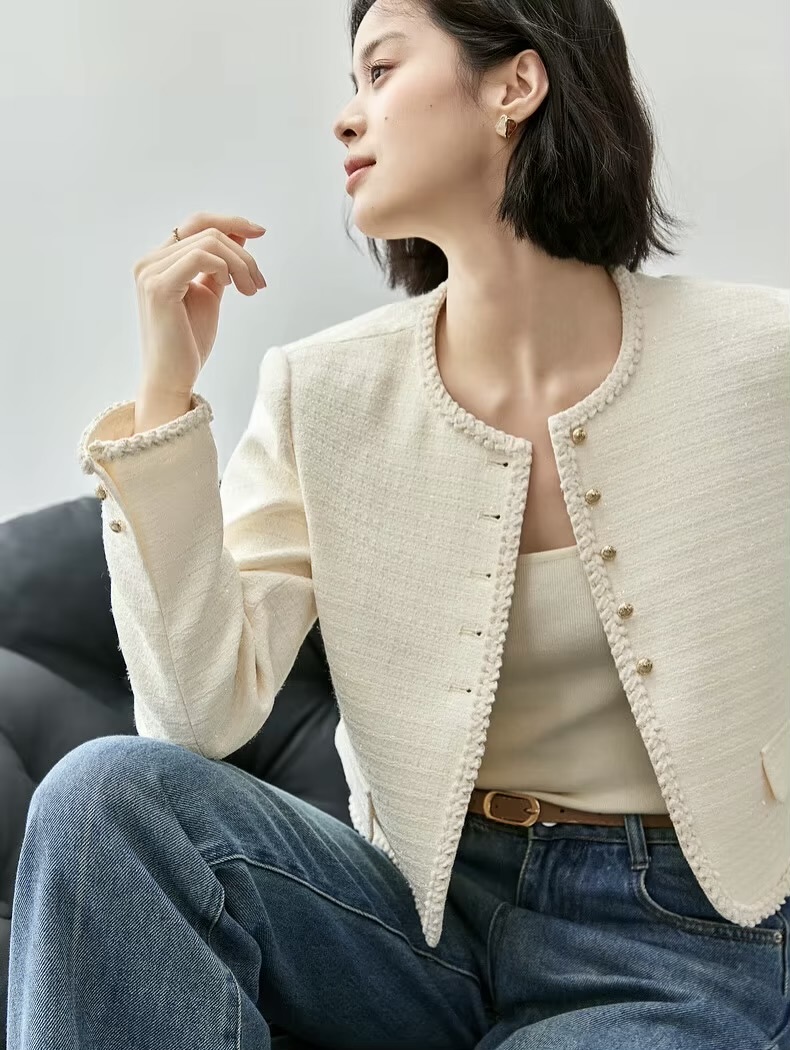 Elegant Crop Jacket   Women’s slim woven tape crew collar metal single breasted long sleeves button-up flap patch pockets cropped Jackets coats for woman in cream Spring Fall Autumn womens french look plus size outerwear fashion #143W56989