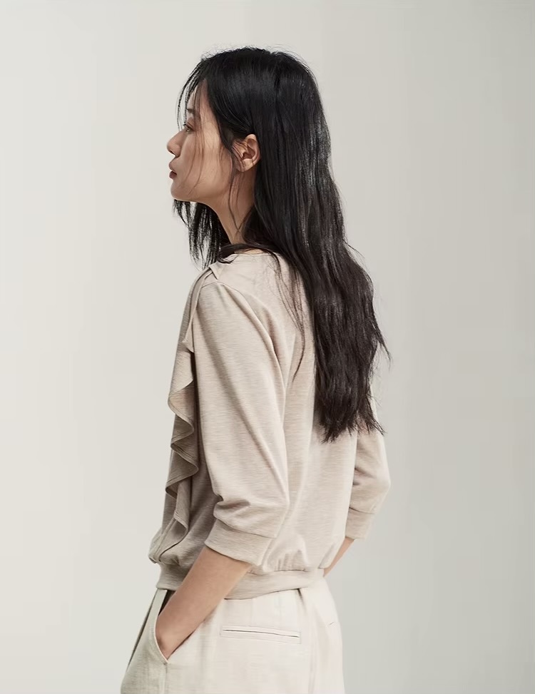 Semicircle Women&rsquo;s woman womens Antoinette slash slit neck long Ruffle Sleeve T-Shirt Casual Style Pure Color Spring Summer Woolen Blend Loose Fit Tops T-Shirts in khaki beige 