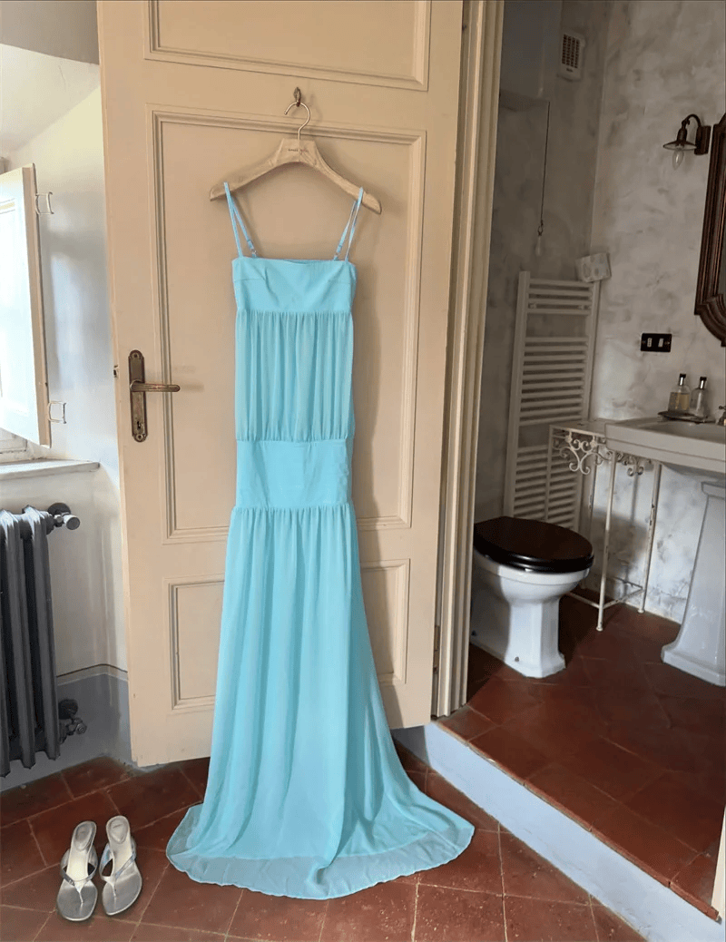 Women’s woman womens Chiffon See Through Sexy ball Gown Fashion Spaghetti Strap Sleeveless Backless Draped Club Party Long maxi Dresses in light blue