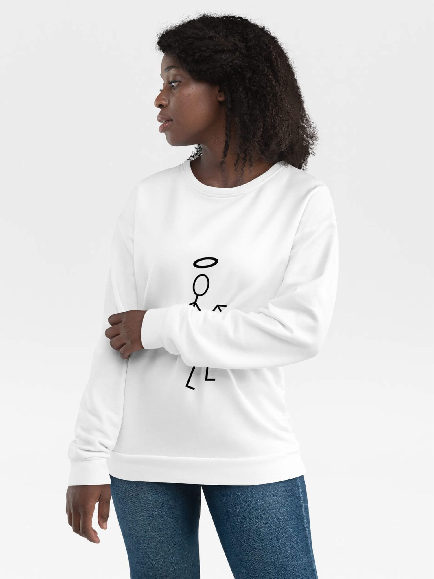 Retro The Saint Sweatshirt      Genderful Unisex anywear Japanese Women’s Men's Long Sleeves o-neck Casual Solid Color womens mens crew neck round Tops Activewear crewneck sweatshirts for petite-, tall-, plus-, size man woman tees in white with black ink illustrated stick-man graphic design Fitness sports tennis Japan eco-friendly sportswear Roger Moore’s Simon Templar retro vintage classic tv series
