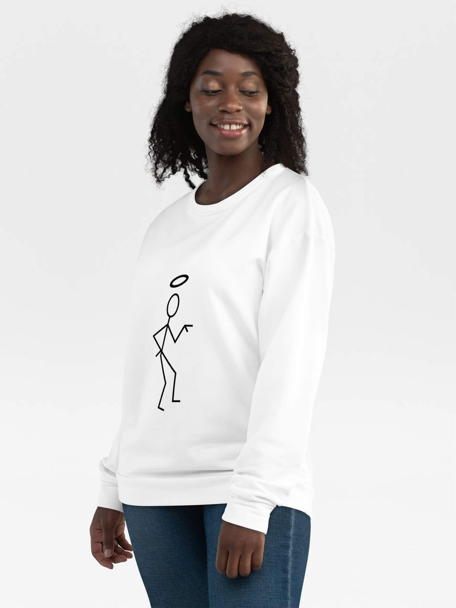 Retro The Saint Sweatshirt      Genderful Unisex anywear Japanese Women’s Men's Long Sleeves o-neck Casual Solid Color womens mens crew neck round Tops Activewear crewneck sweatshirts for petite-, tall-, plus-, size man woman tees in white with black ink illustrated stick-man graphic design Fitness sports tennis Japan eco-friendly sportswear Roger Moore’s Simon Templar retro vintage classic tv series
