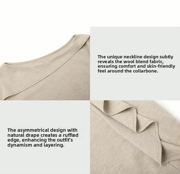 Semicircle Women&rsquo;s woman womens Antoinette slash slit neck long Ruffle Sleeve T-Shirt Casual Style Pure Color Spring Summer Woolen Blend Loose Fit Tops T-Shirts in khaki beige 