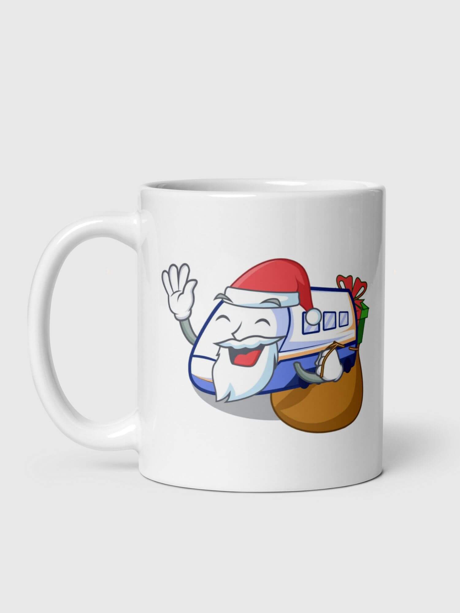 Shinkansen Holiday Mug    Anime cartoon Fagher Christmas Fr. Santa Clause presents gifts sack gift giving smiley face Japan Railway Company JR East, West locomotive engine carriage Holiday Season Japanese ceramic 11-Oz milk coffee tea drinks mugs in white with multicolored festive design bullet trains railways gifts 