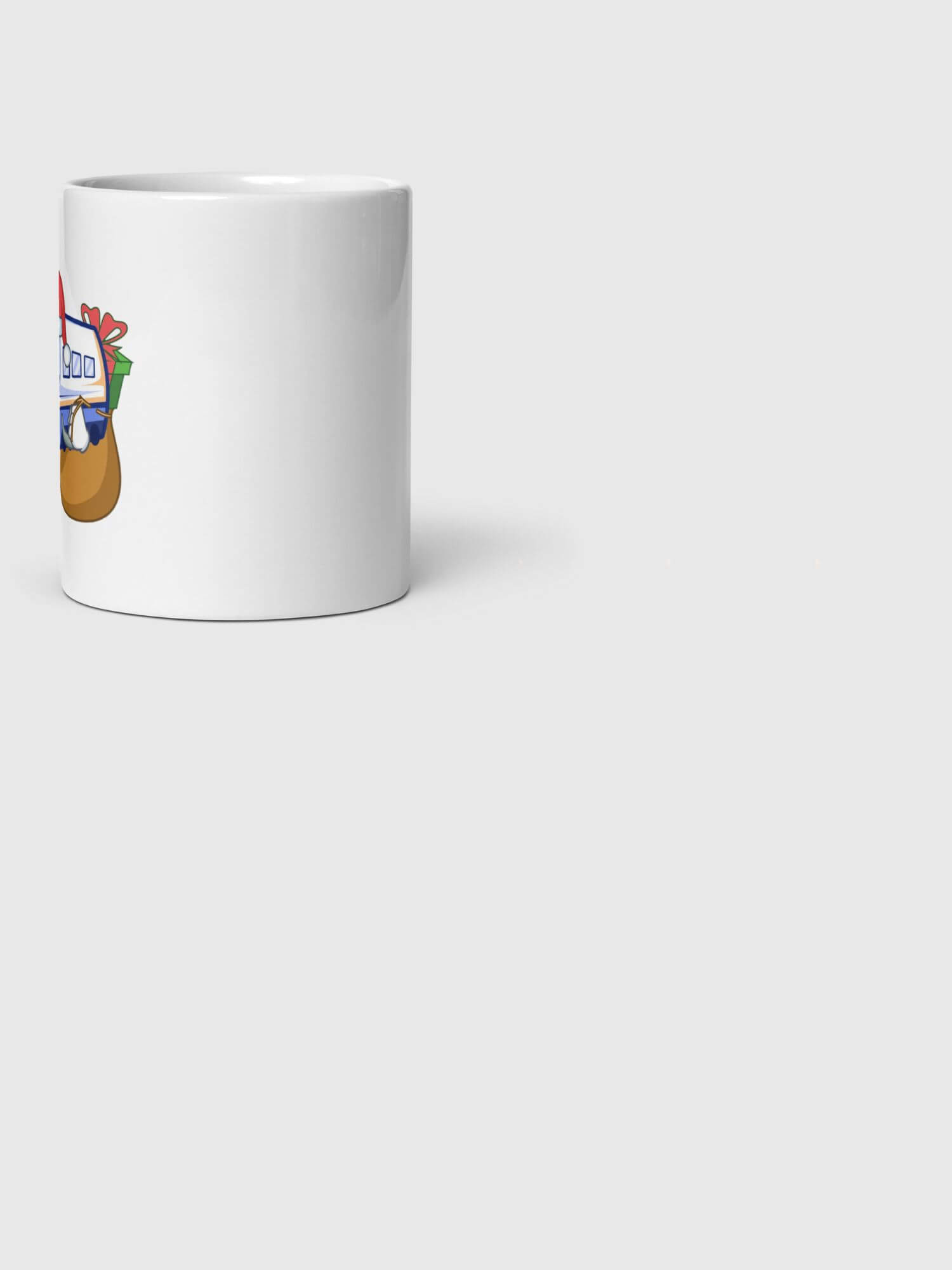 Shinkansen Holiday Mug    Anime cartoon Fagher Christmas Fr. Santa Clause presents gifts sack gift giving smiley face Japan Railway Company JR East, West locomotive engine carriage Holiday Season Japanese ceramic 11-Oz milk coffee tea drinks mugs in white with multicolored festive design bullet trains railways gifts 