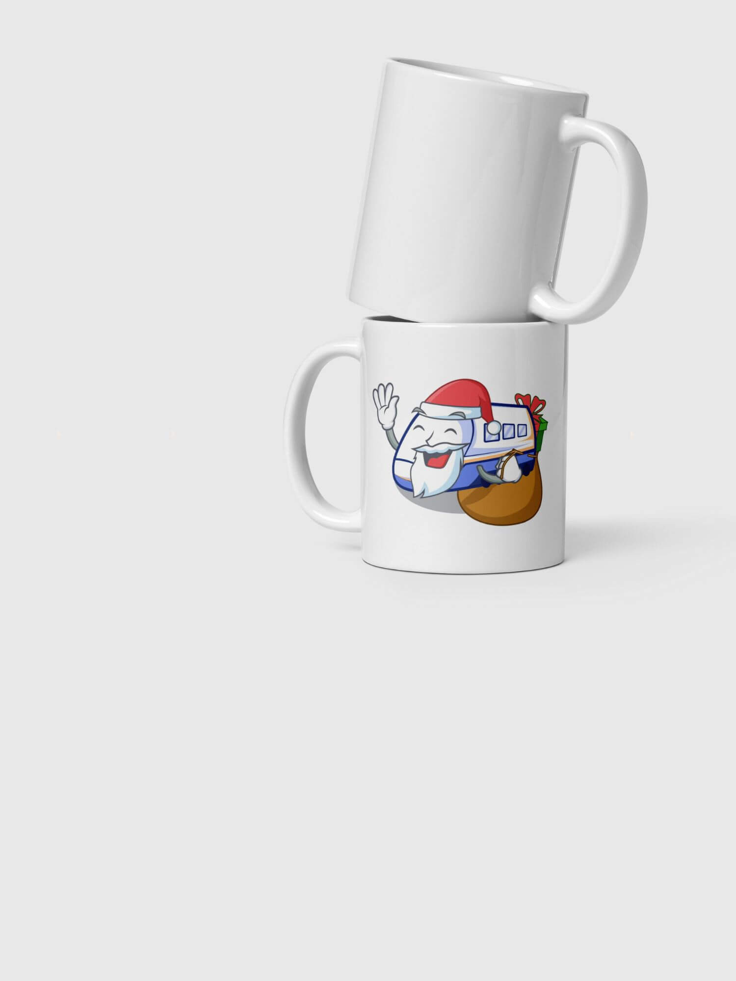 Shinkansen Holiday Mug    Anime cartoon Fagher Christmas Fr. Santa Clause presents gifts sack gift giving smiley face Japan Railway Company JR East, West locomotive engine carriage Holiday Season Japanese ceramic 11-Oz milk coffee tea drinks mugs in white with multicolored festive design bullet trains railways gifts 