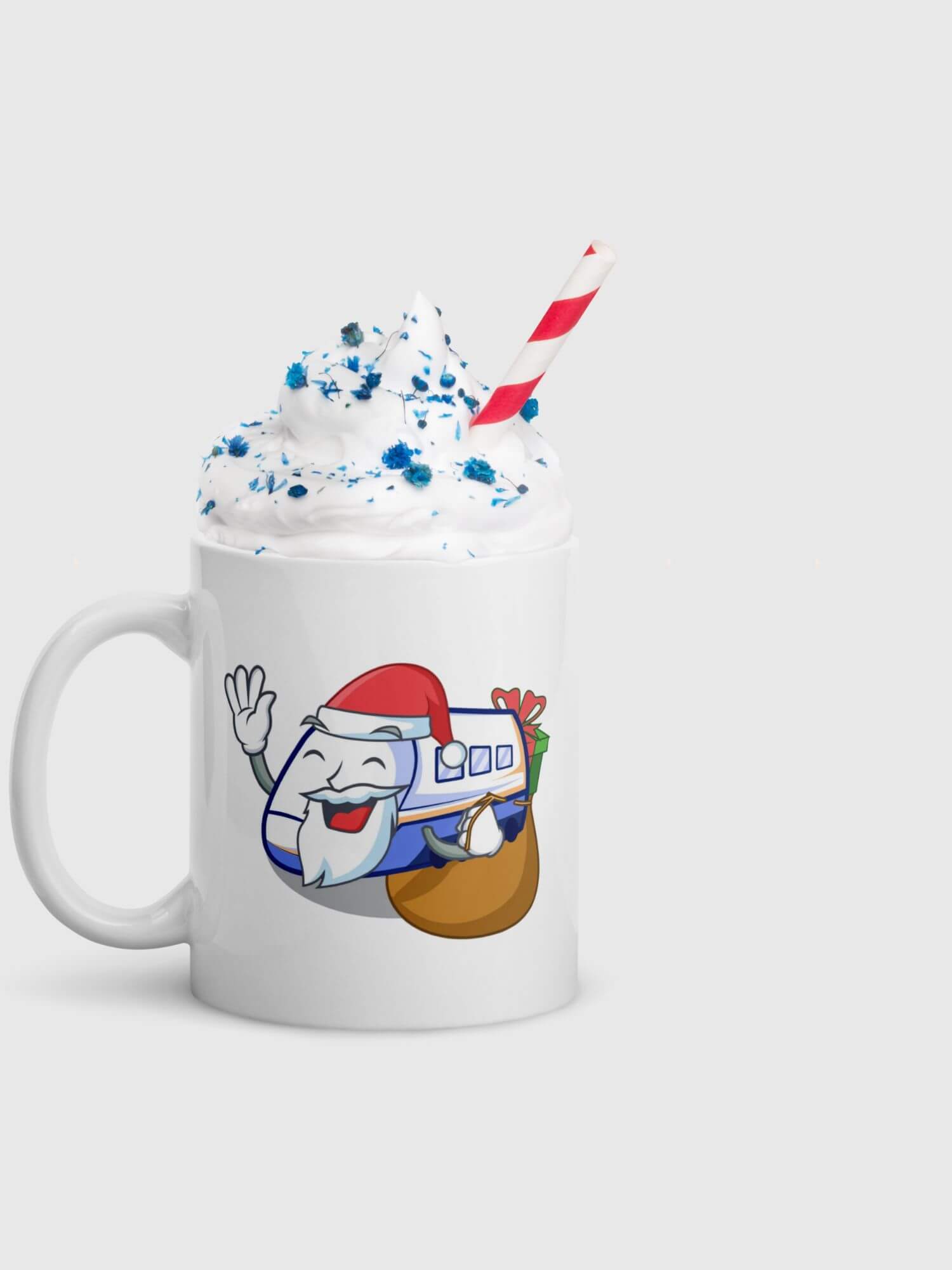 Shinkansen Holiday Mug    Anime cartoon Fagher Christmas Fr. Santa Clause presents gifts sack gift giving smiley face Japan Railway Company JR East, West locomotive engine carriage Holiday Season Japanese ceramic 11-Oz milk coffee tea drinks mugs in white with multicolored festive design bullet trains railways gifts 