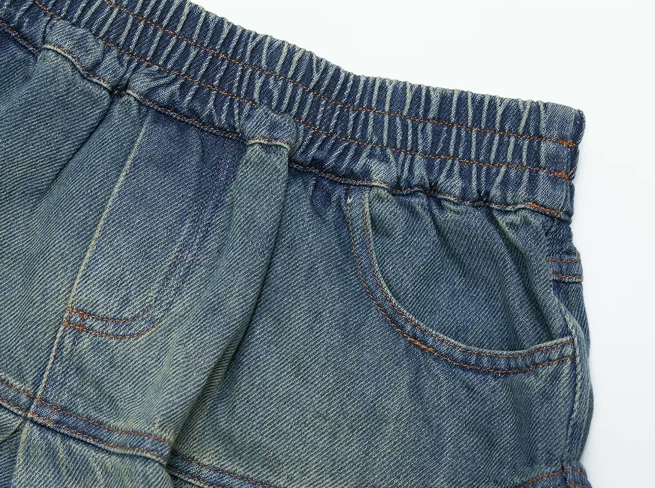 Denim Pleated Skirt    Women’s Quiet Soft A-line 100% cotton elasticated waist slant side pickets pleats casual midi skirts with inner shorts fall autumn spring womens style mini fashion #234213 in distressed blue with khaki accent