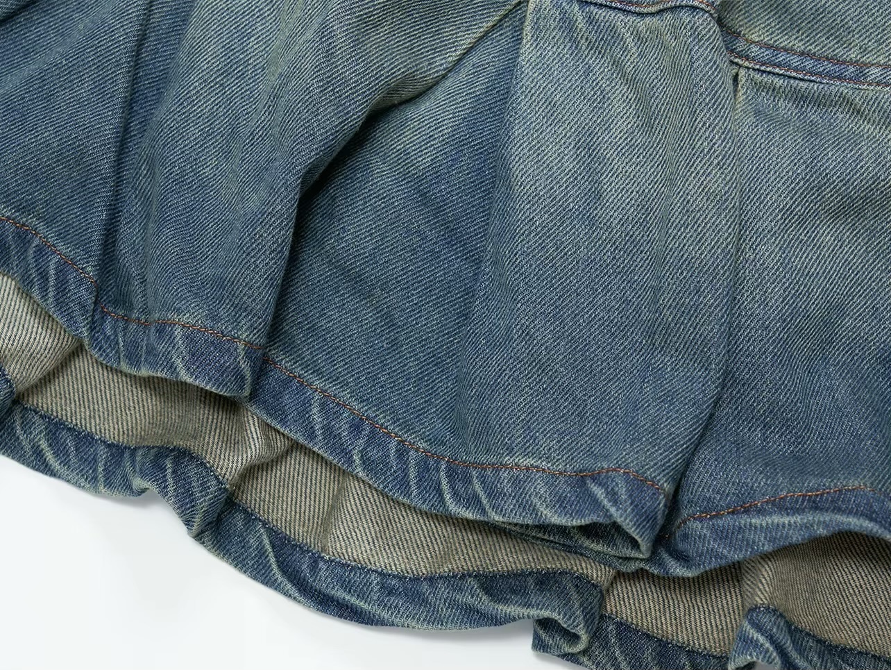 Denim Pleated Skirt    Women’s Quiet Soft A-line 100% cotton elasticated waist slant side pickets pleats casual midi skirts with inner shorts fall autumn spring womens style mini fashion #234213 in distressed blue with khaki accent