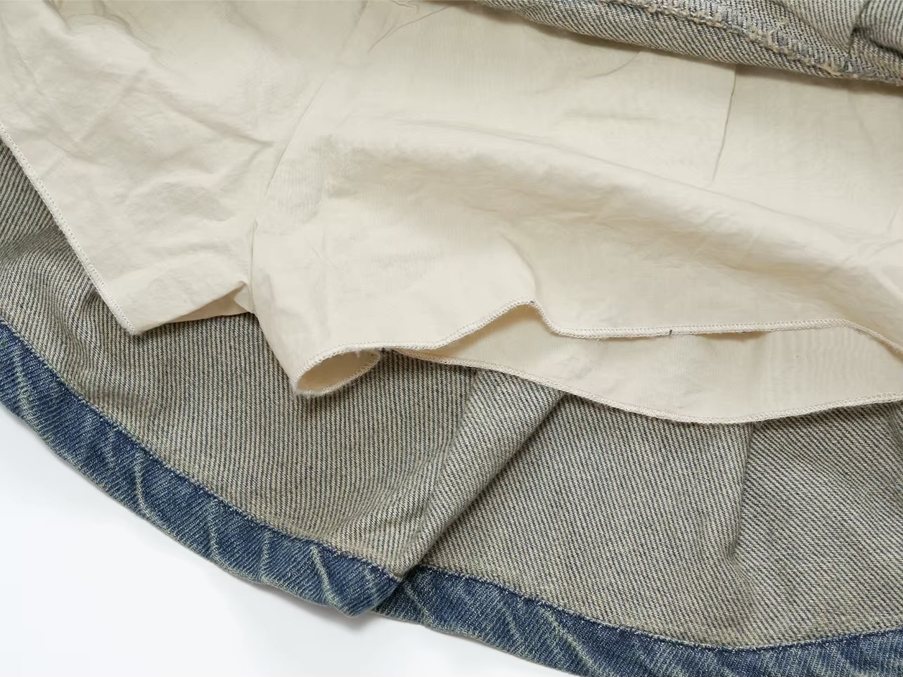 Denim Pleated Skirt    Women’s Quiet Soft A-line 100% cotton elasticated waist slant side pickets pleats casual midi skirts with inner shorts fall autumn spring womens style mini fashion #234213 in distressed blue with khaki accent
