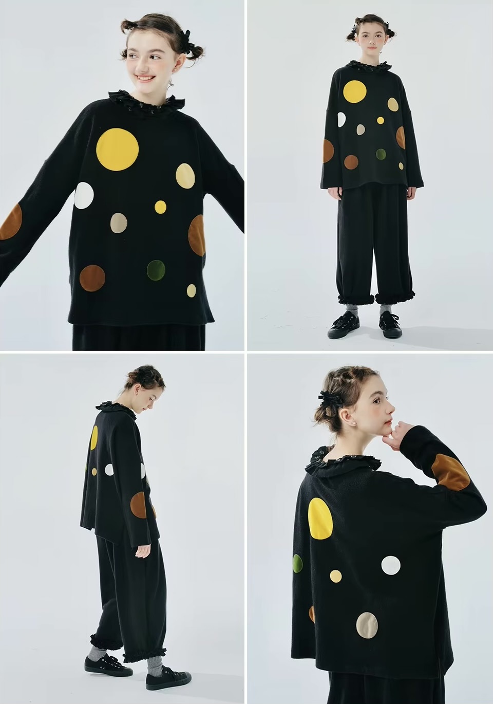 Japanese Colorful Sweater Women’s polka dot original blended planet series round crewneck long sleeves mult color circles graphics O-neck bottoming sweaters for woman Quiet Soft womens crew neck tops  #244458 in black