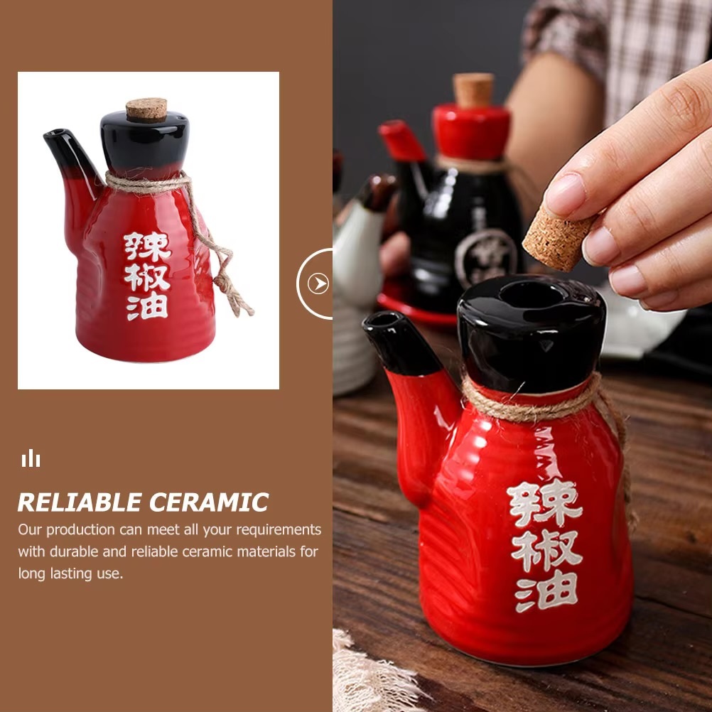 Japanese Style Oil Pot Ceramic Condiment Dispenser Spice Jar Home Seasoning Container Soy Sauce Bottle Kitchen Dining restaurant Bar accessories tabletop and bar condiments Dining accessory Chili Oils serveware in red 