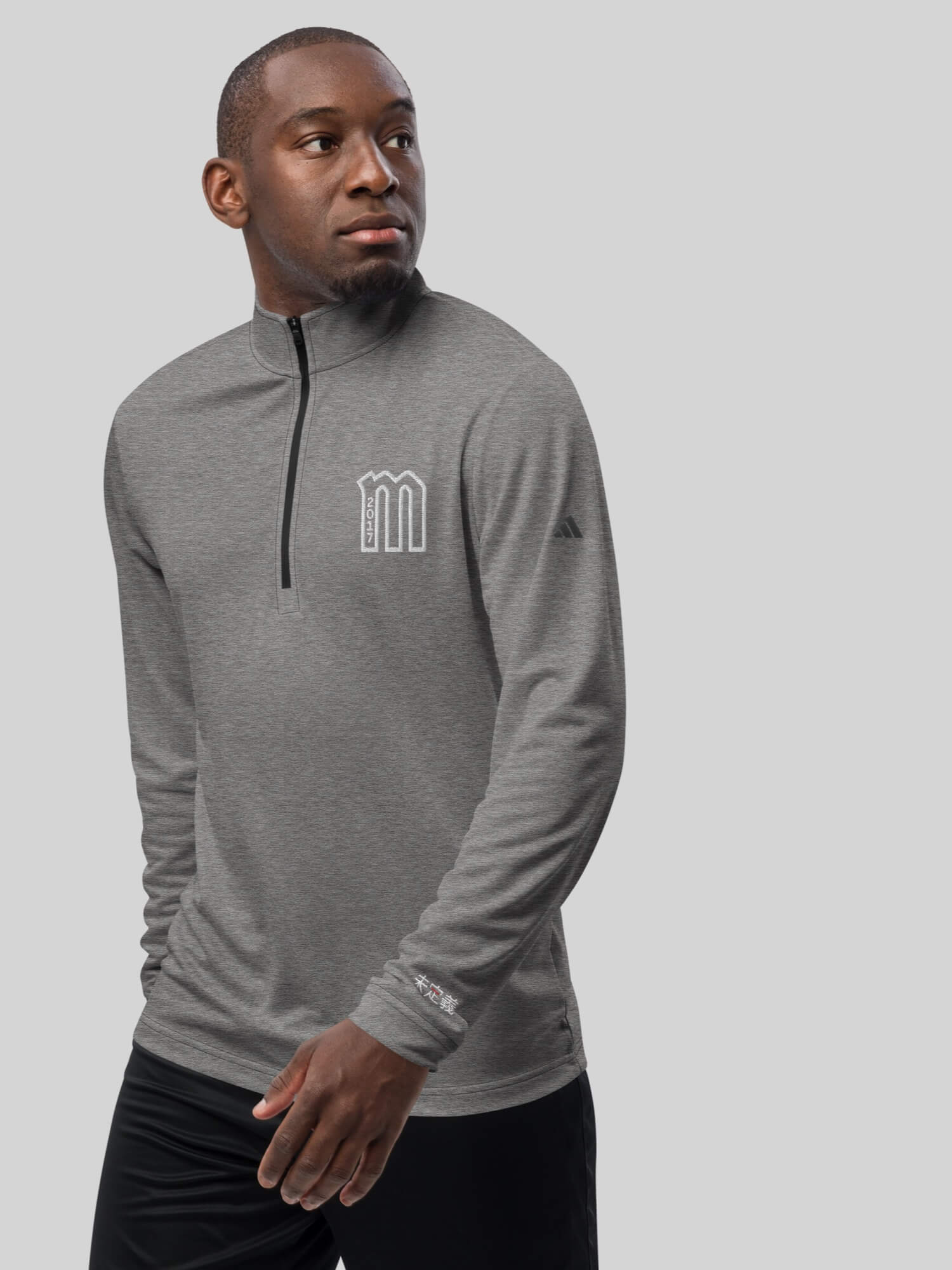 Adidas X miteigi Logo Sweatshirt gray       Men’s tall plus size quarter zipper close long sleeves banded excellent UPF 50+ protection miteigiyūki sports fitness gym sweatshirts for man in grey Mens sportswear